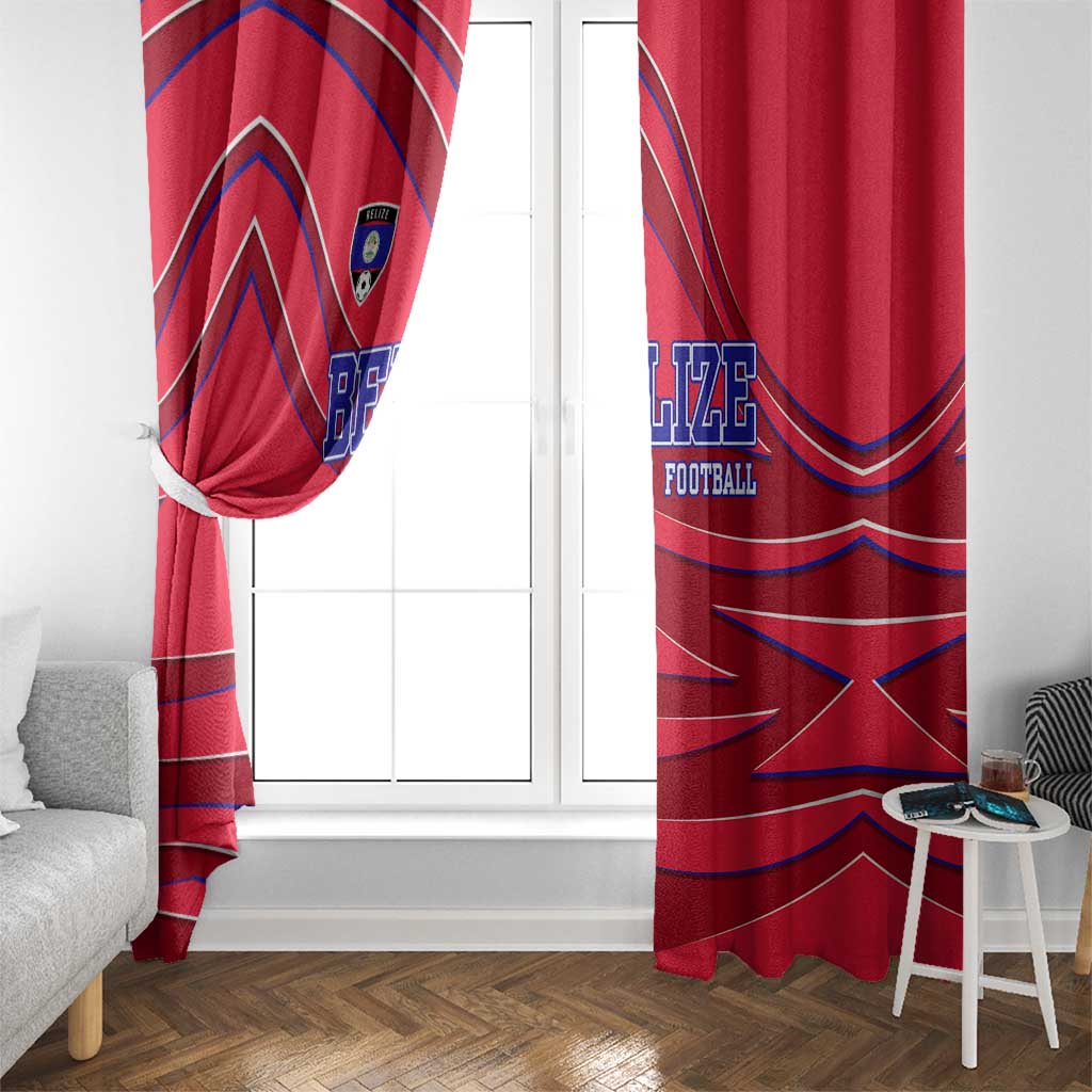 Belize Football Window Curtain with Red Abstract Soccer Pattern and Shield Emblem