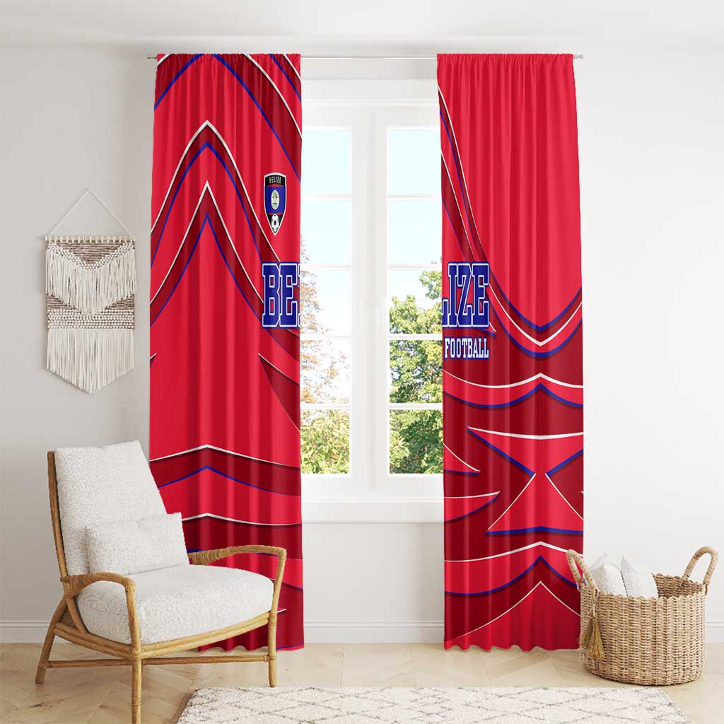 Belize Football Window Curtain with Red Abstract Soccer Pattern and Shield Emblem