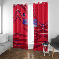Belize Football Window Curtain with Red Abstract Soccer Pattern and Shield Emblem