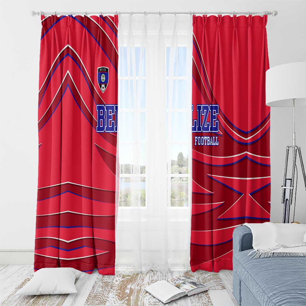 Belize Football Window Curtain with Red Abstract Soccer Pattern and Shield Emblem