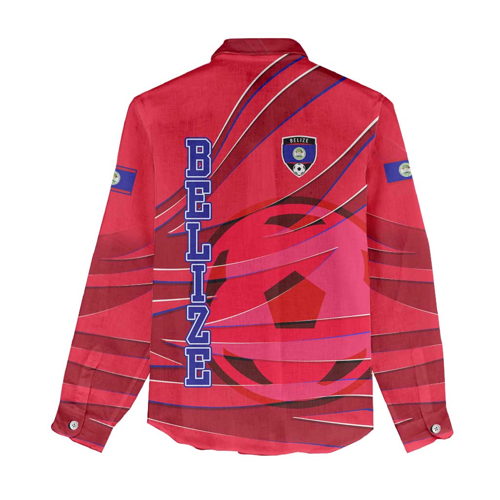 Belize Football Women Casual Shirt with Red Abstract Soccer Pattern and Shield Emblem