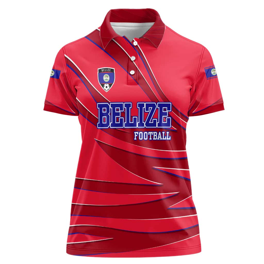 Belize Football Women Polo Shirt with Red Abstract Soccer Pattern and Shield Emblem