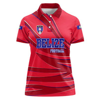 Belize Football Women Polo Shirt with Red Abstract Soccer Pattern and Shield Emblem