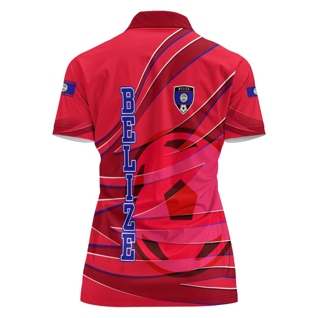 Belize Football Women Polo Shirt with Red Abstract Soccer Pattern and Shield Emblem