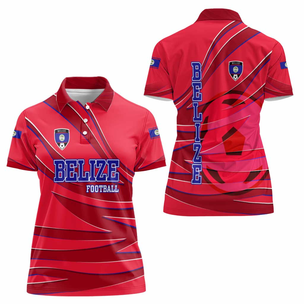 Belize Football Women Polo Shirt with Red Abstract Soccer Pattern and Shield Emblem