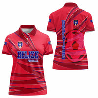 Belize Football Women Polo Shirt with Red Abstract Soccer Pattern and Shield Emblem