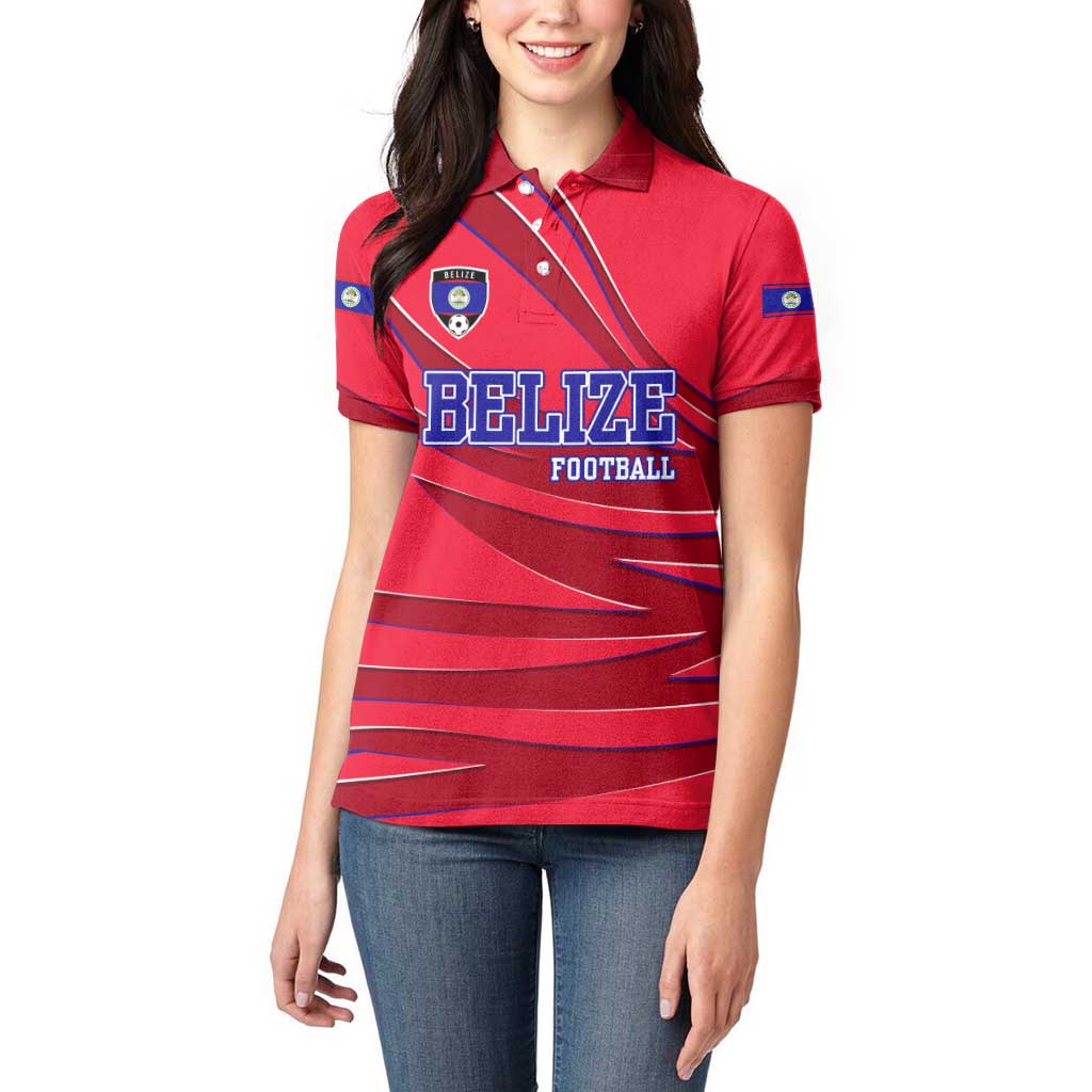 Belize Football Women Polo Shirt with Red Abstract Soccer Pattern and Shield Emblem
