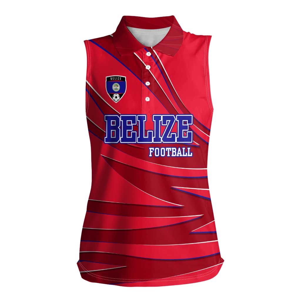 Belize Football Women Sleeveless Polo Shirt with Red Abstract Soccer Pattern and Shield Emblem