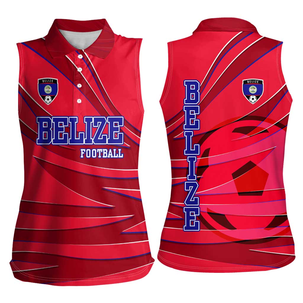 Belize Football Women Sleeveless Polo Shirt with Red Abstract Soccer Pattern and Shield Emblem