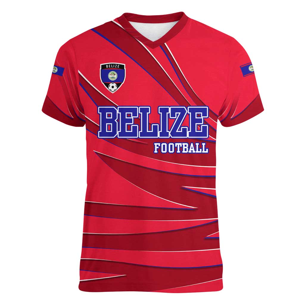 Belize Football Women V-Neck T-Shirt with Red Abstract Soccer Pattern and Shield Emblem