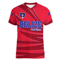 Belize Football Women V-Neck T-Shirt with Red Abstract Soccer Pattern and Shield Emblem