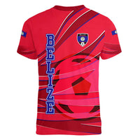 Belize Football Women V-Neck T-Shirt with Red Abstract Soccer Pattern and Shield Emblem