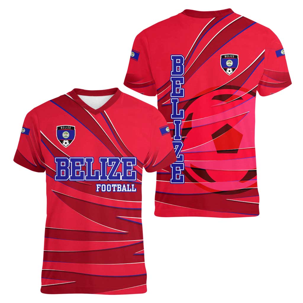 Belize Football Women V-Neck T-Shirt with Red Abstract Soccer Pattern and Shield Emblem