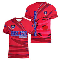Belize Football Women V-Neck T-Shirt with Red Abstract Soccer Pattern and Shield Emblem