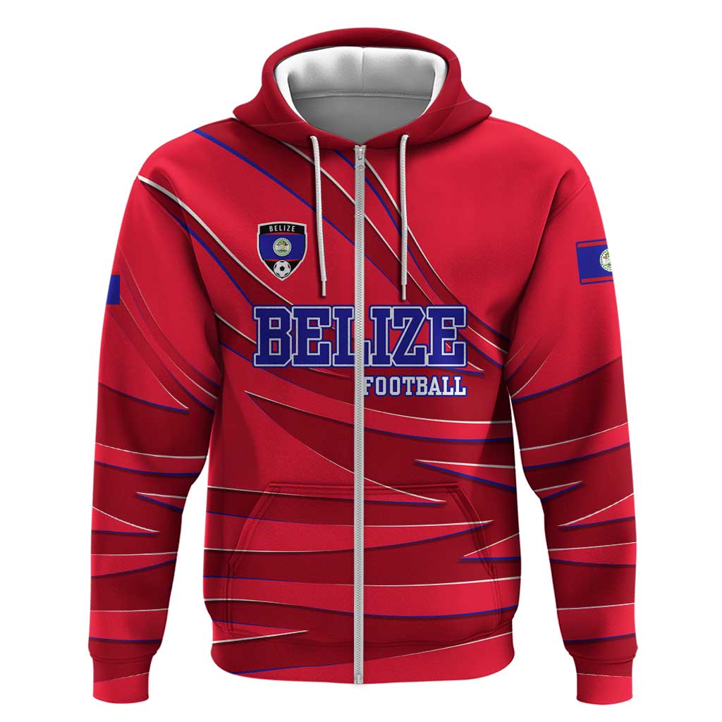 Belize Football Zip Hoodie with Red Abstract Soccer Pattern and Shield Emblem