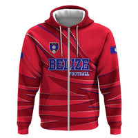 Belize Football Zip Hoodie with Red Abstract Soccer Pattern and Shield Emblem