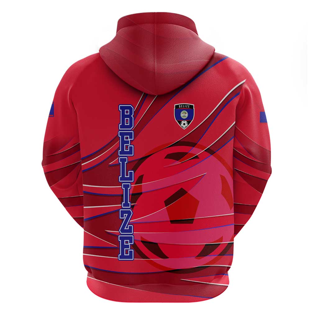 Belize Football Zip Hoodie with Red Abstract Soccer Pattern and Shield Emblem