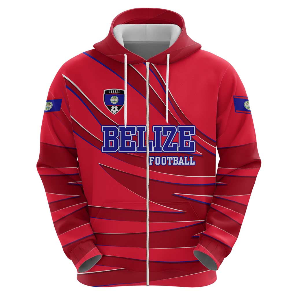 Belize Football Zip Hoodie with Red Abstract Soccer Pattern and Shield Emblem