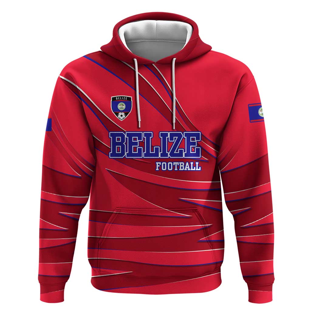 Belize Football Zip Hoodie with Red Abstract Soccer Pattern and Shield Emblem