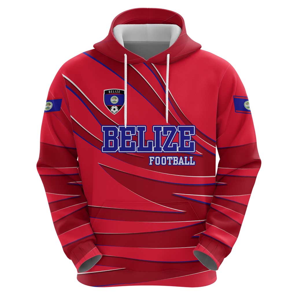 Belize Football Zip Hoodie with Red Abstract Soccer Pattern and Shield Emblem