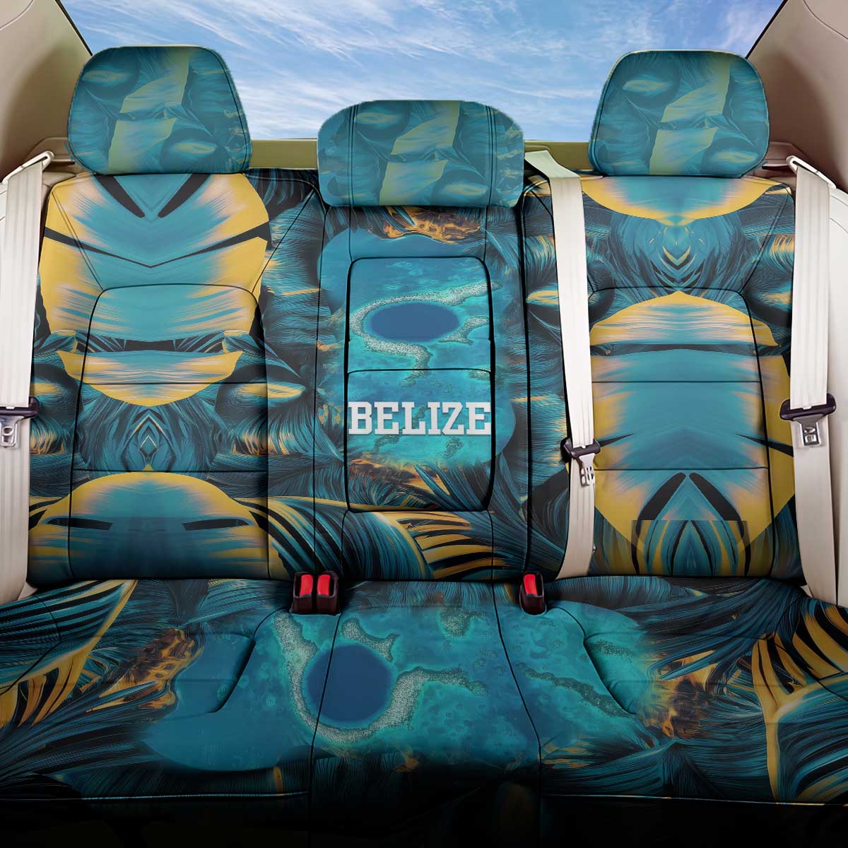 Belize Blue Hole Ocean View Back Car Seat Cover with Tropical Marine Design and Flag Detail