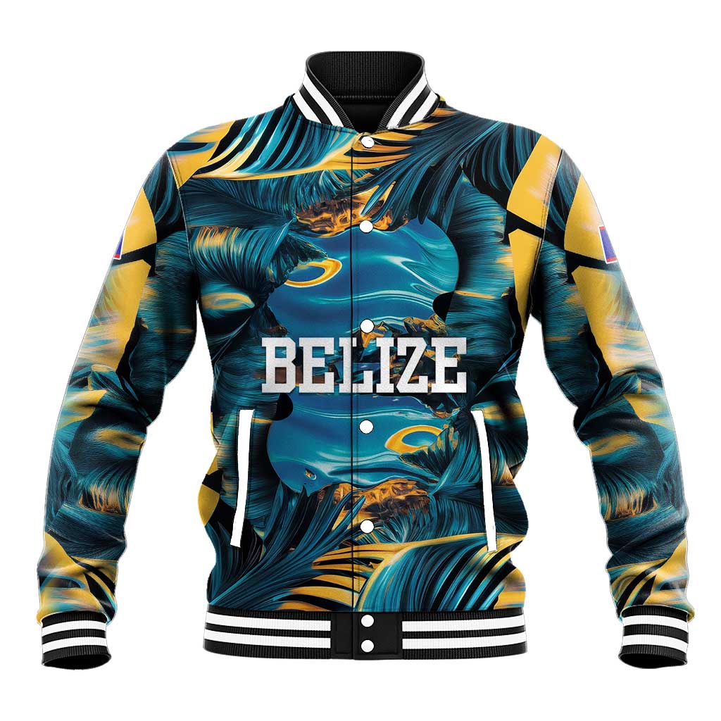 Belize Blue Hole Ocean View Baseball Jacket with Tropical Marine Design and Flag Detail