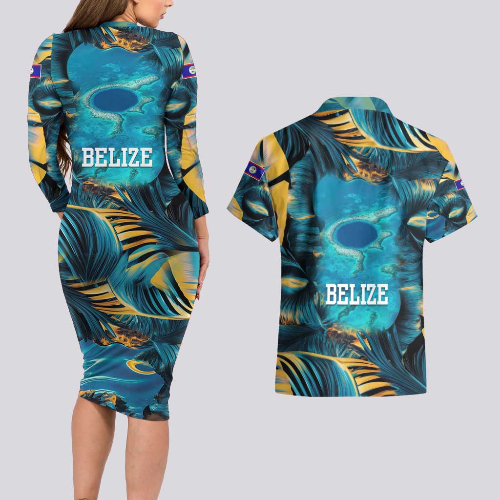 Belize Blue Hole Ocean View Couples Matching Long Sleeve Bodycon Dress and Hawaiian Shirt with Tropical Marine Design and Flag Detail