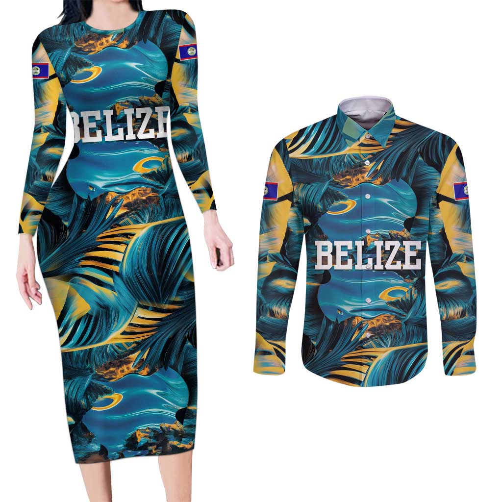 Belize Blue Hole Ocean View Couples Matching Long Sleeve Bodycon Dress and Long Sleeve Button Shirt with Tropical Marine Design and Flag Detail