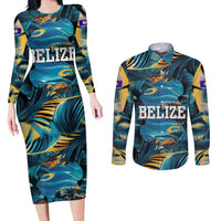 Belize Blue Hole Ocean View Couples Matching Long Sleeve Bodycon Dress and Long Sleeve Button Shirt with Tropical Marine Design and Flag Detail