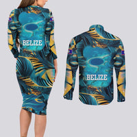 Belize Blue Hole Ocean View Couples Matching Long Sleeve Bodycon Dress and Long Sleeve Button Shirt with Tropical Marine Design and Flag Detail