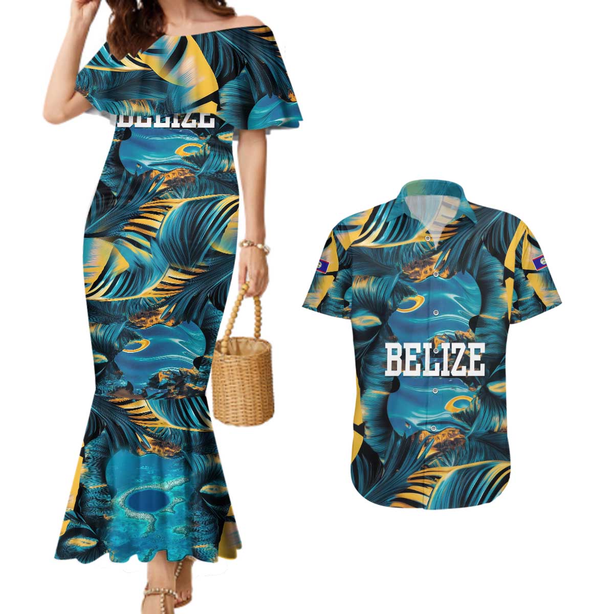 Belize Blue Hole Ocean View Couples Matching Mermaid Dress and Hawaiian Shirt with Tropical Marine Design and Flag Detail