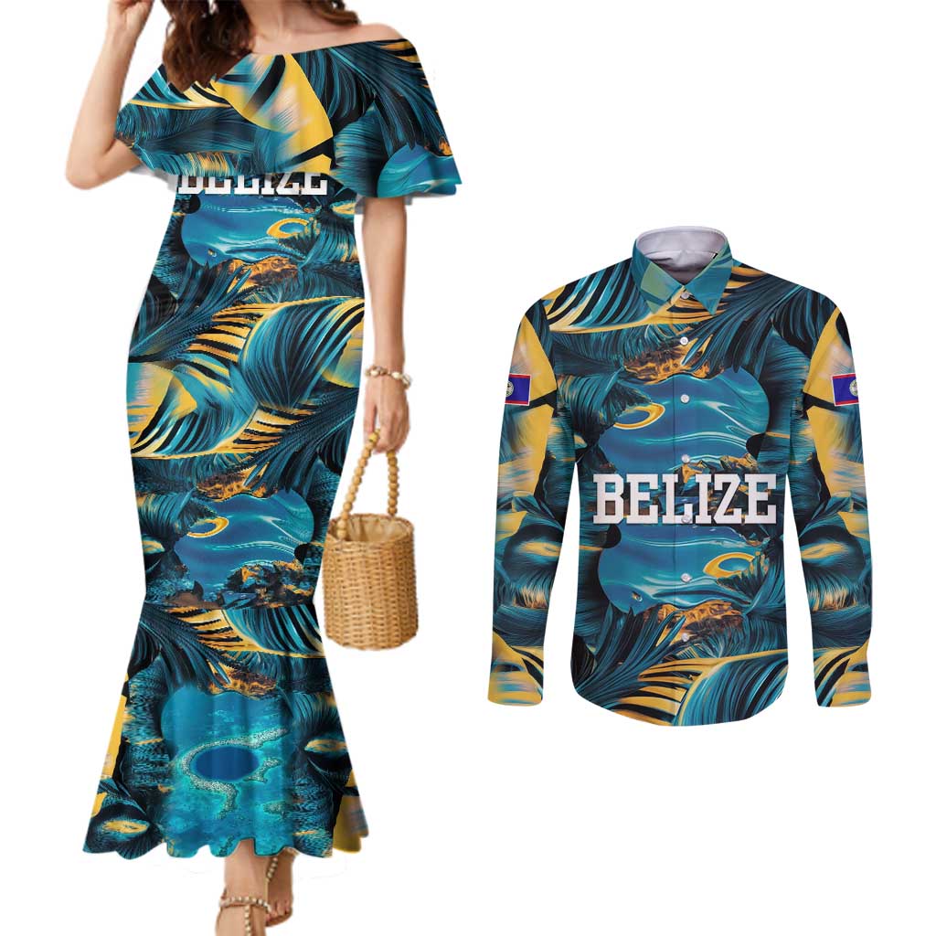 Belize Blue Hole Ocean View Couples Matching Mermaid Dress and Long Sleeve Button Shirt with Tropical Marine Design and Flag Detail