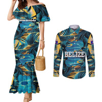 Belize Blue Hole Ocean View Couples Matching Mermaid Dress and Long Sleeve Button Shirt with Tropical Marine Design and Flag Detail