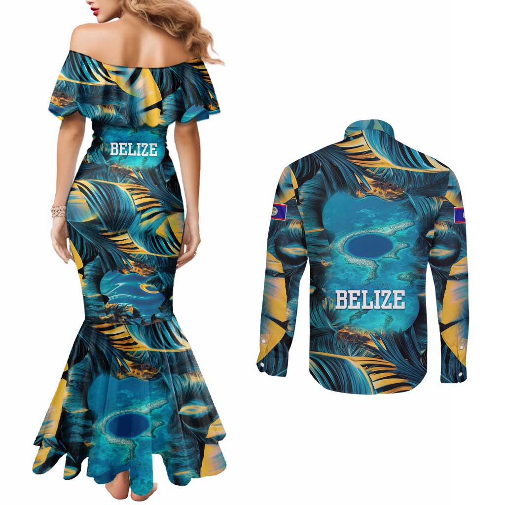Belize Blue Hole Ocean View Couples Matching Mermaid Dress and Long Sleeve Button Shirt with Tropical Marine Design and Flag Detail