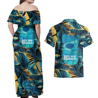 Belize Blue Hole Ocean View Couples Matching Off Shoulder Maxi Dress and Hawaiian Shirt with Tropical Marine Design and Flag Detail