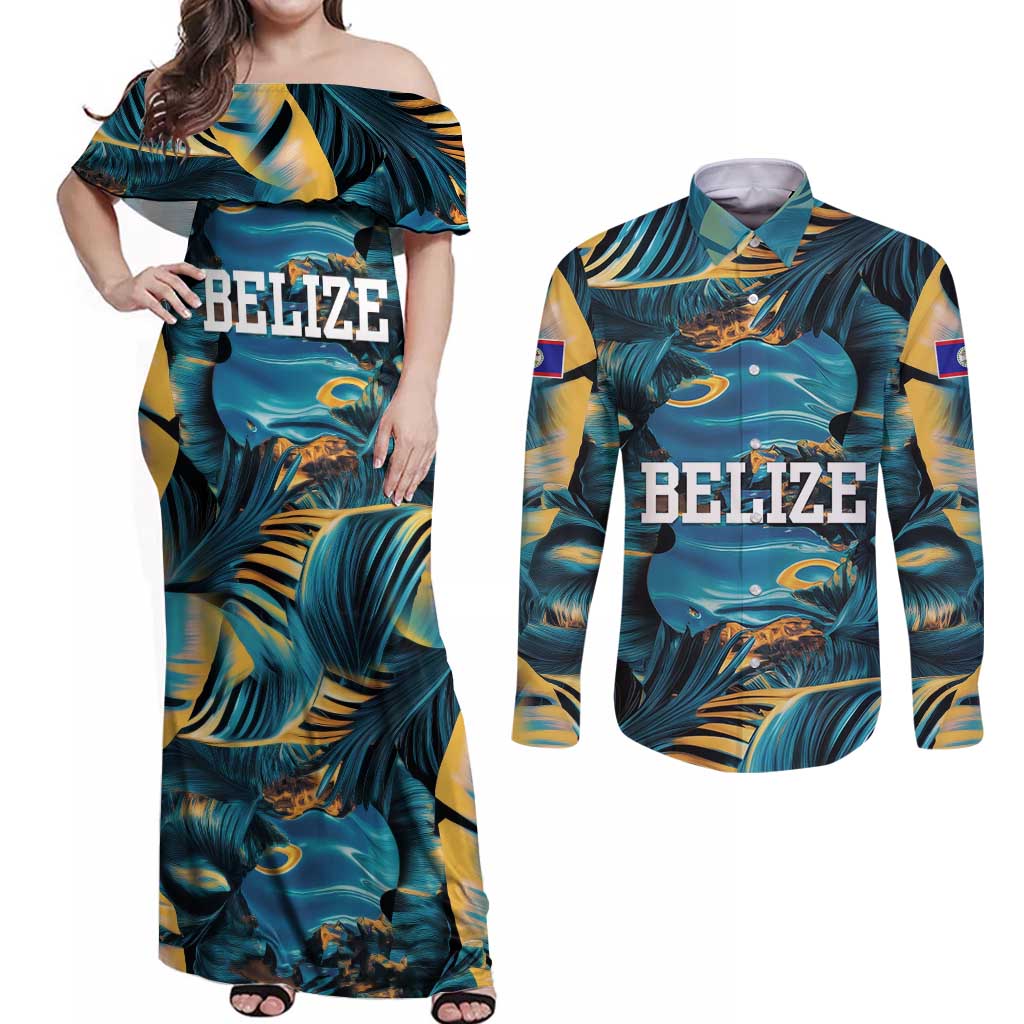 Belize Blue Hole Ocean View Couples Matching Off Shoulder Maxi Dress and Long Sleeve Button Shirt with Tropical Marine Design and Flag Detail