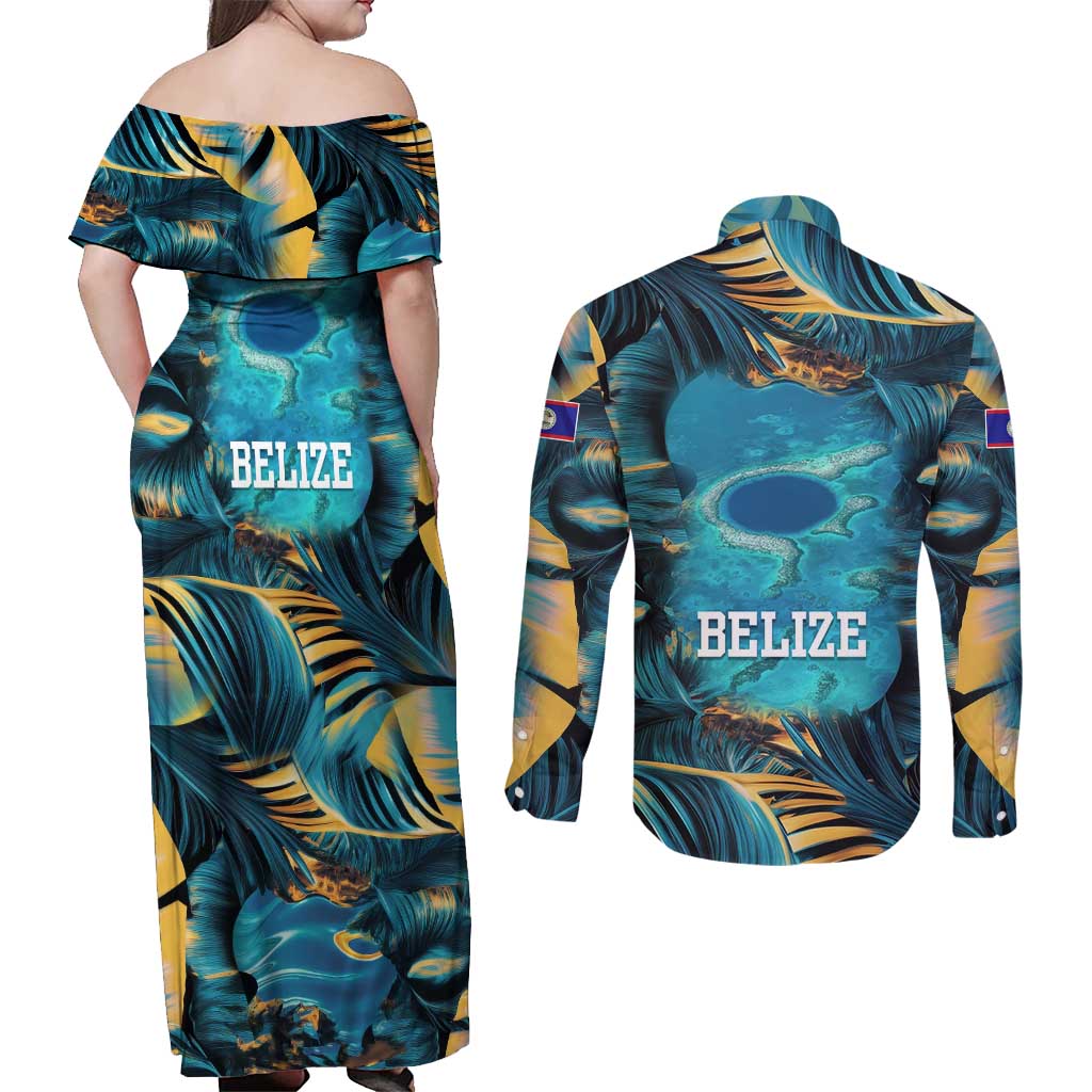 Belize Blue Hole Ocean View Couples Matching Off Shoulder Maxi Dress and Long Sleeve Button Shirt with Tropical Marine Design and Flag Detail