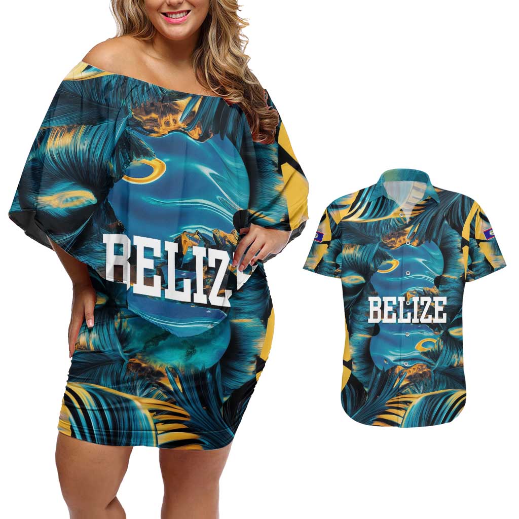 Belize Blue Hole Ocean View Couples Matching Off Shoulder Short Dress and Hawaiian Shirt with Tropical Marine Design and Flag Detail