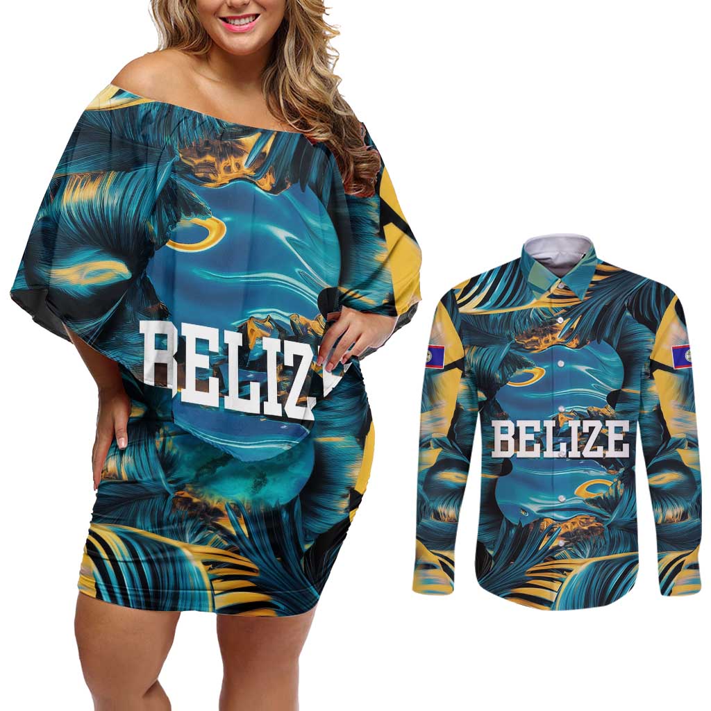 Belize Blue Hole Ocean View Couples Matching Off Shoulder Short Dress and Long Sleeve Button Shirt with Tropical Marine Design and Flag Detail