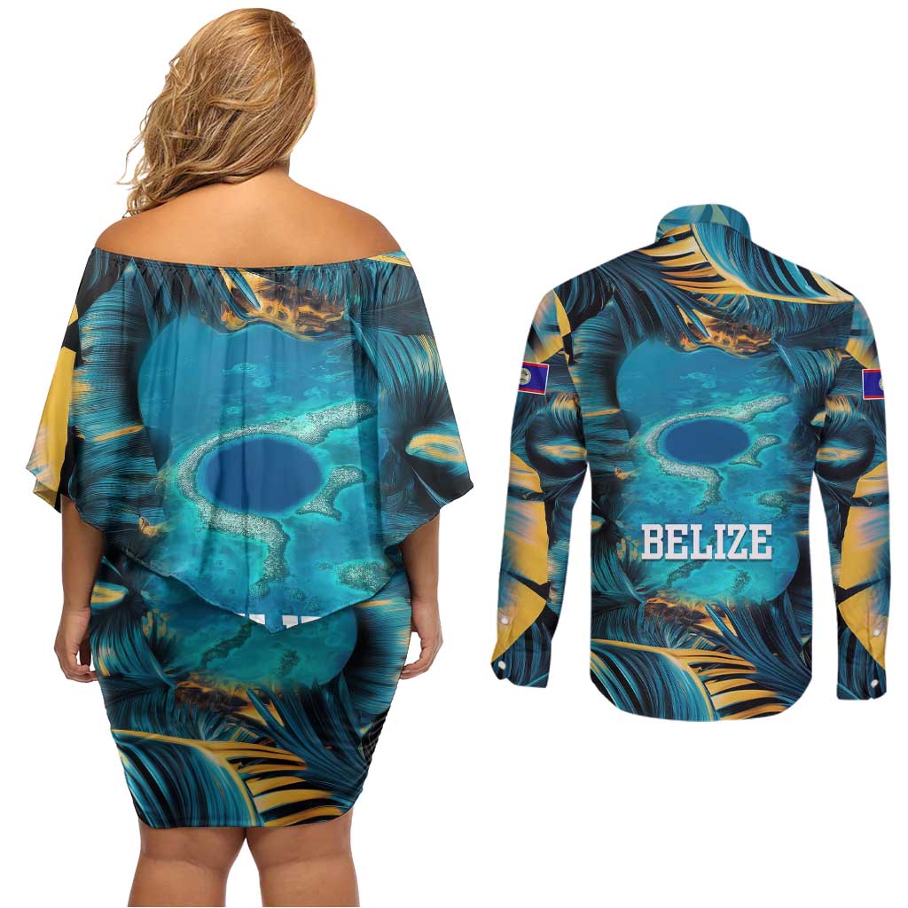 Belize Blue Hole Ocean View Couples Matching Off Shoulder Short Dress and Long Sleeve Button Shirt with Tropical Marine Design and Flag Detail
