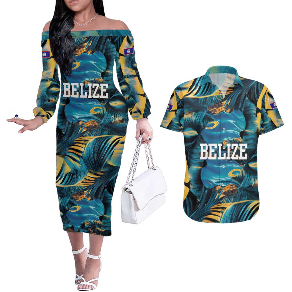 Belize Blue Hole Ocean View Couples Matching Off The Shoulder Long Sleeve Dress and Hawaiian Shirt with Tropical Marine Design and Flag Detail
