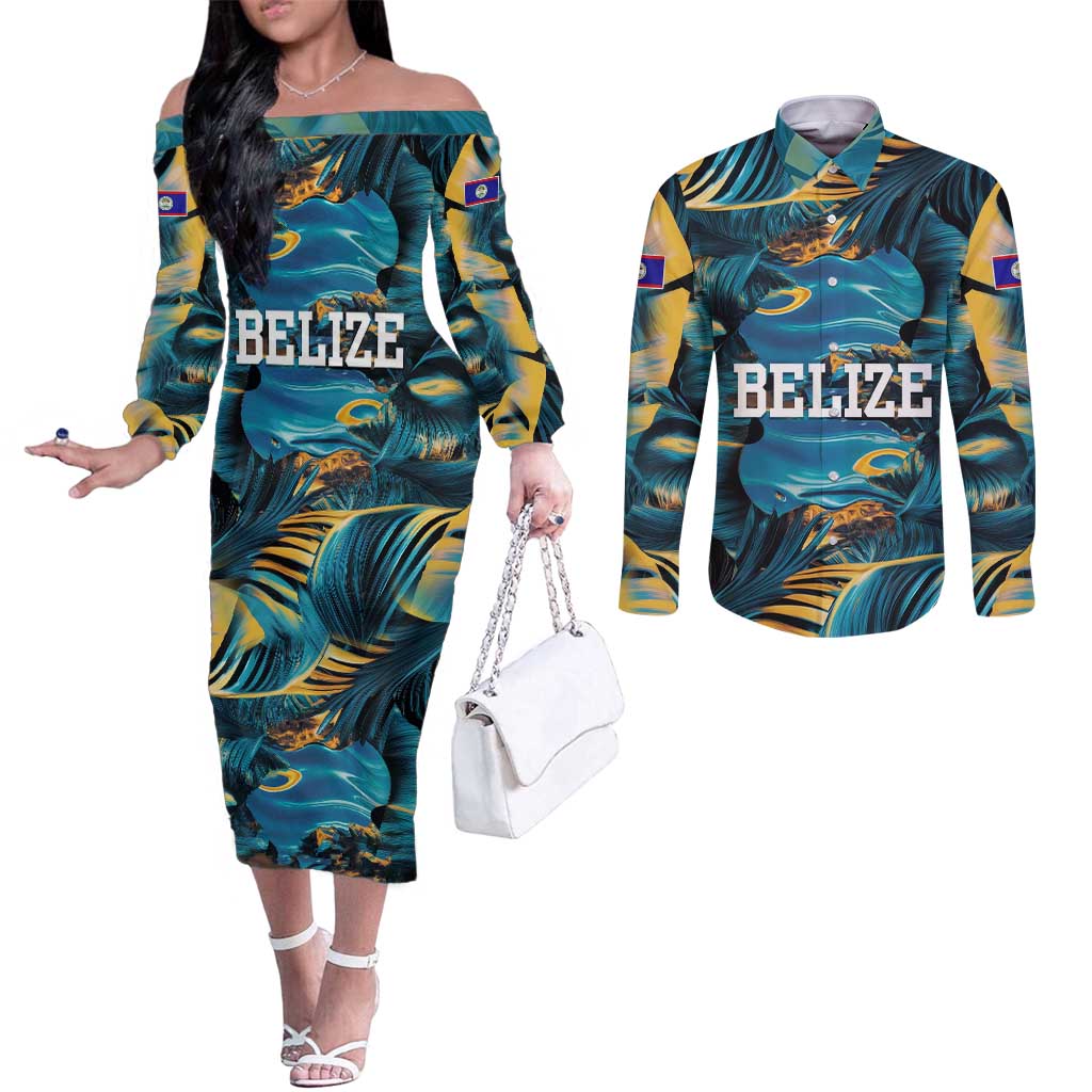 Belize Blue Hole Ocean View Couples Matching Off The Shoulder Long Sleeve Dress and Long Sleeve Button Shirt with Tropical Marine Design and Flag Detail