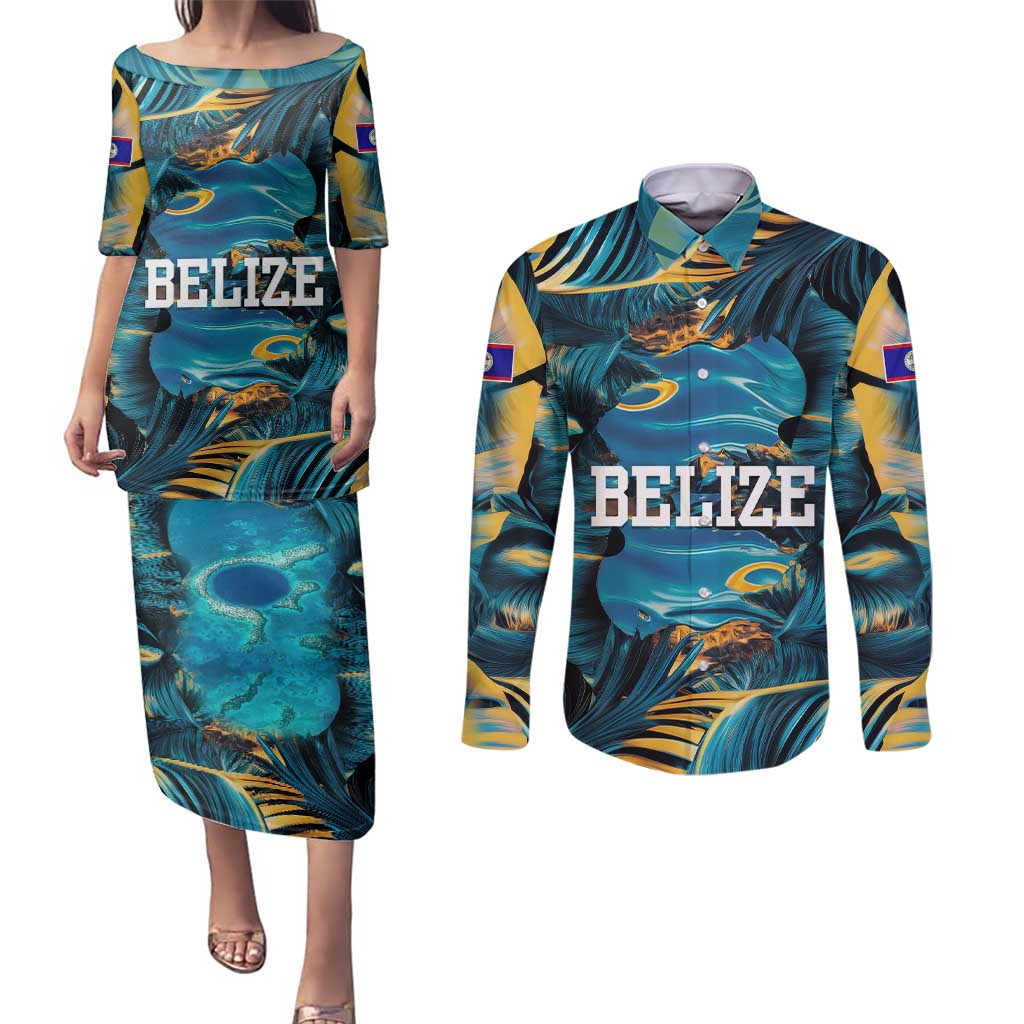 Belize Blue Hole Ocean View Couples Matching Puletasi and Long Sleeve Button Shirt with Tropical Marine Design and Flag Detail