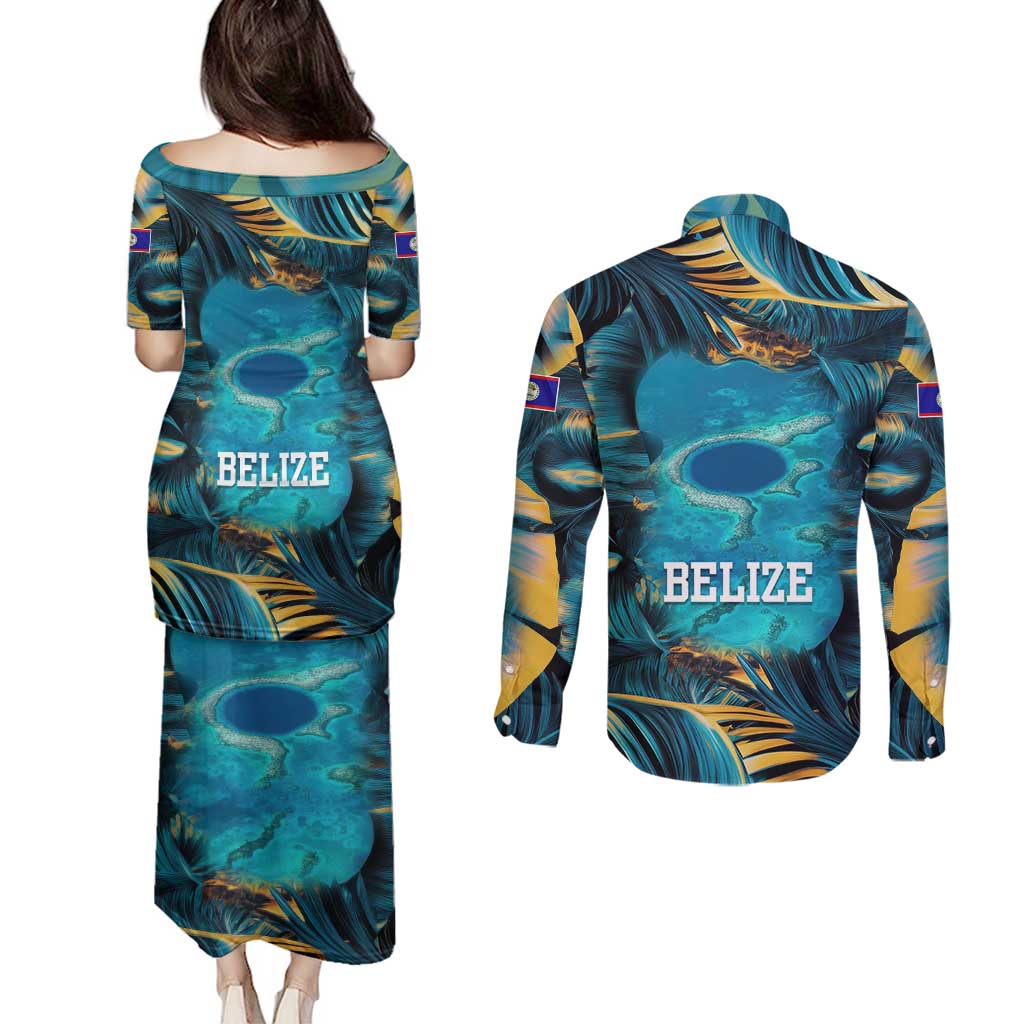Belize Blue Hole Ocean View Couples Matching Puletasi and Long Sleeve Button Shirt with Tropical Marine Design and Flag Detail