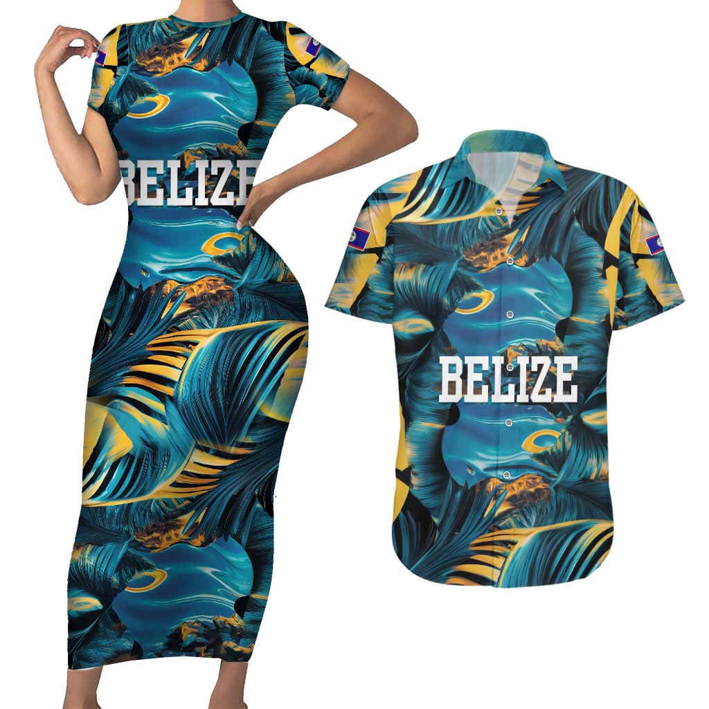 Belize Blue Hole Ocean View Couples Matching Short Sleeve Bodycon Dress and Hawaiian Shirt with Tropical Marine Design and Flag Detail
