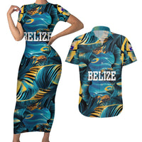 Belize Blue Hole Ocean View Couples Matching Short Sleeve Bodycon Dress and Hawaiian Shirt with Tropical Marine Design and Flag Detail