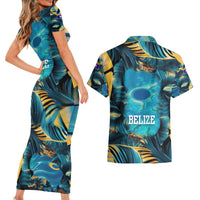 Belize Blue Hole Ocean View Couples Matching Short Sleeve Bodycon Dress and Hawaiian Shirt with Tropical Marine Design and Flag Detail