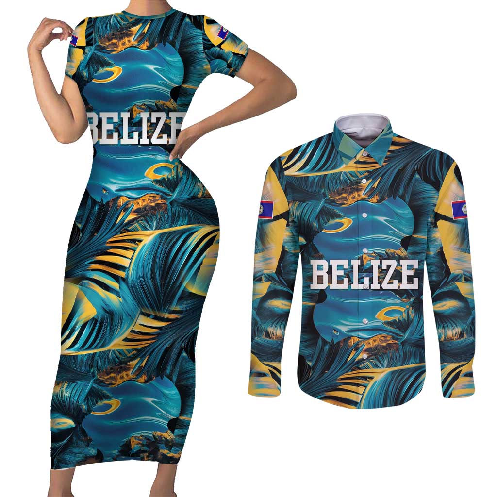 Belize Blue Hole Ocean View Couples Matching Short Sleeve Bodycon Dress and Long Sleeve Button Shirt with Tropical Marine Design and Flag Detail