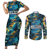 Belize Blue Hole Ocean View Couples Matching Short Sleeve Bodycon Dress and Long Sleeve Button Shirt with Tropical Marine Design and Flag Detail