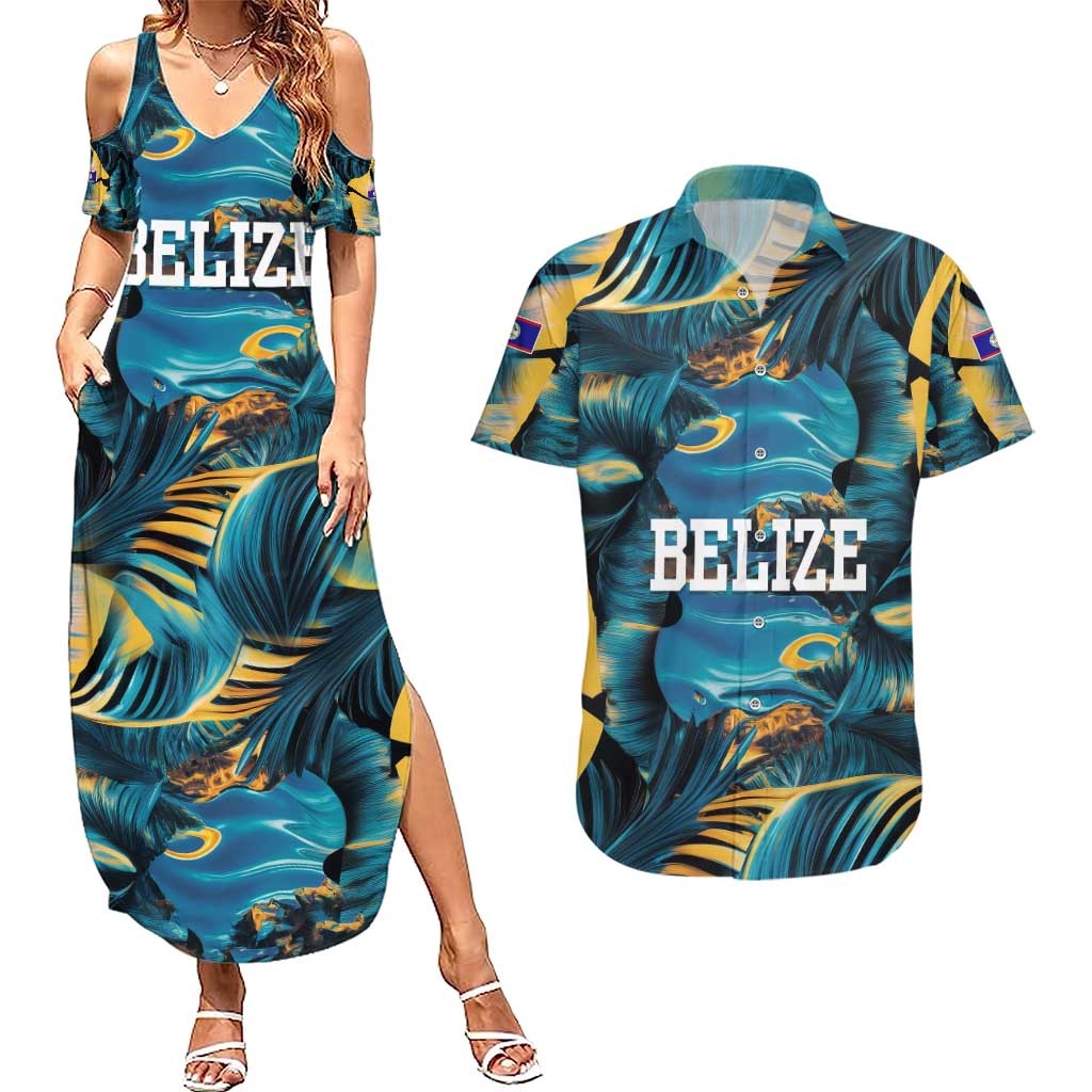 Belize Blue Hole Ocean View Couples Matching Summer Maxi Dress and Hawaiian Shirt with Tropical Marine Design and Flag Detail